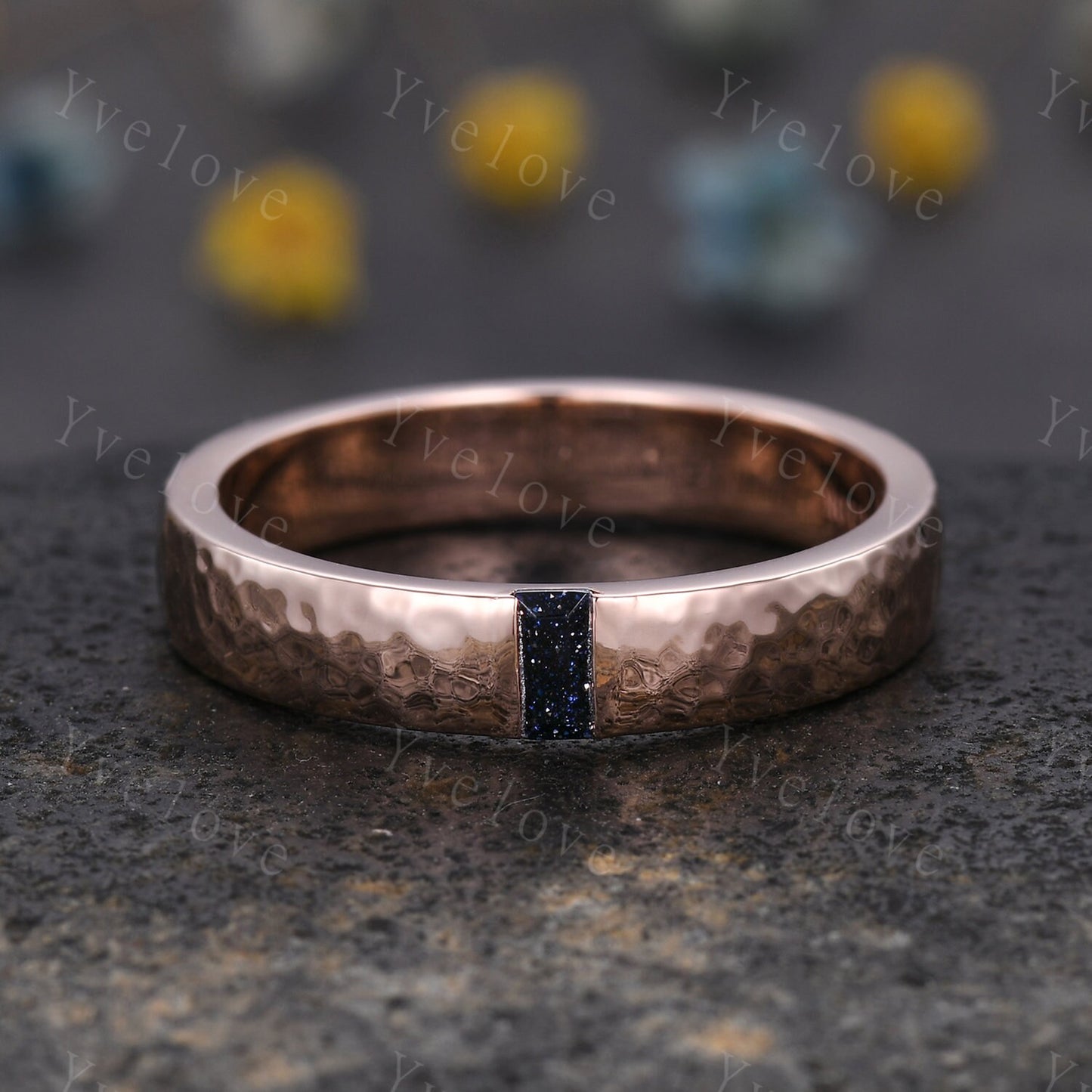 Mens Sandstone Wedding Band Baguette Cut Blue Sandstone Band 5mm Platinum Ring Mens Hammered Stacking Matching Band Retro Vintage Ring Gift
