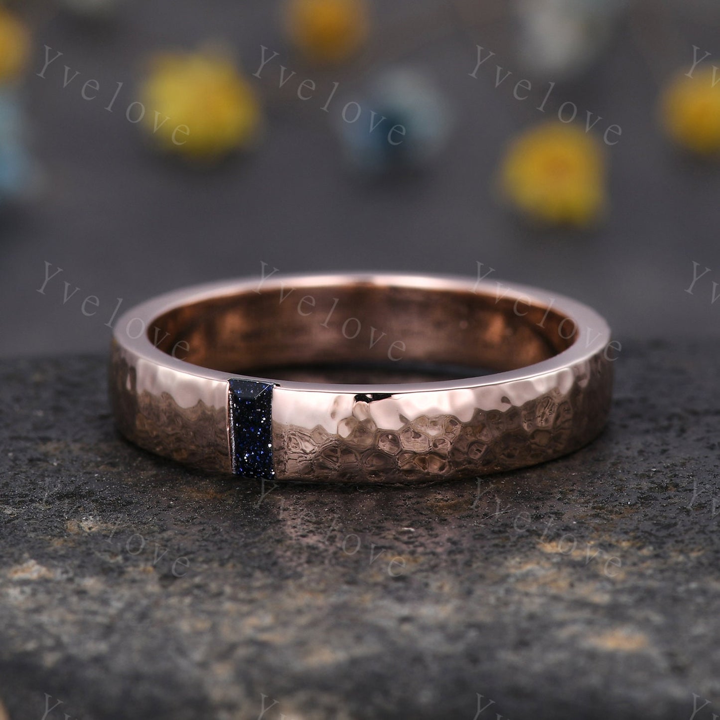 Mens Sandstone Wedding Band Baguette Cut Blue Sandstone Band 5mm Platinum Ring Mens Hammered Stacking Matching Band Retro Vintage Ring Gift