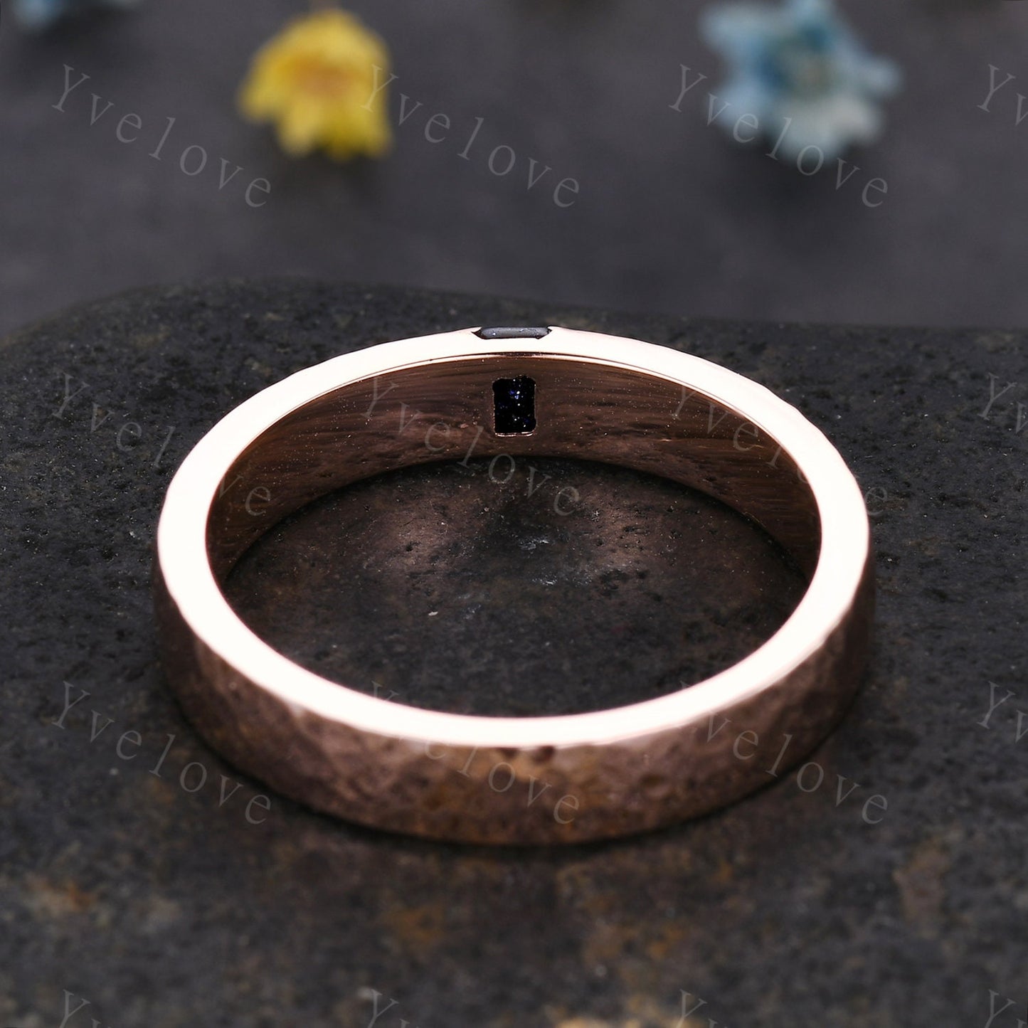 Mens Sandstone Wedding Band Baguette Cut Blue Sandstone Band 5mm Rose God Ring Mens Hammered Stacking Matching Band Retro Vintage Ring Gift