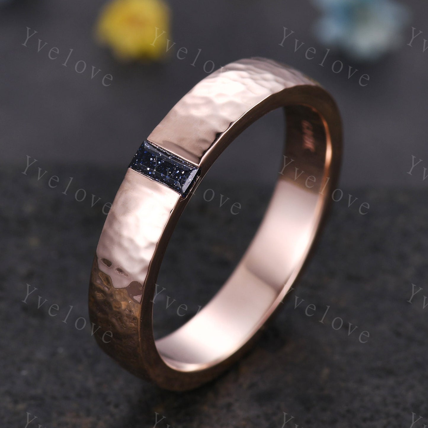 Mens Sandstone Wedding Band Baguette Cut Blue Sandstone Band 5mm Rose God Ring Mens Hammered Stacking Matching Band Retro Vintage Ring Gift