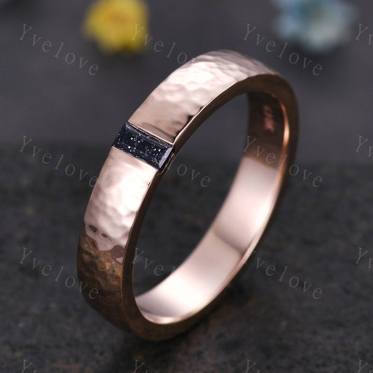 Mens Sandstone Wedding Band Baguette Cut Blue Sandstone Band 5mm Rose God Ring Mens Hammered Stacking Matching Band Retro Vintage Ring Gift