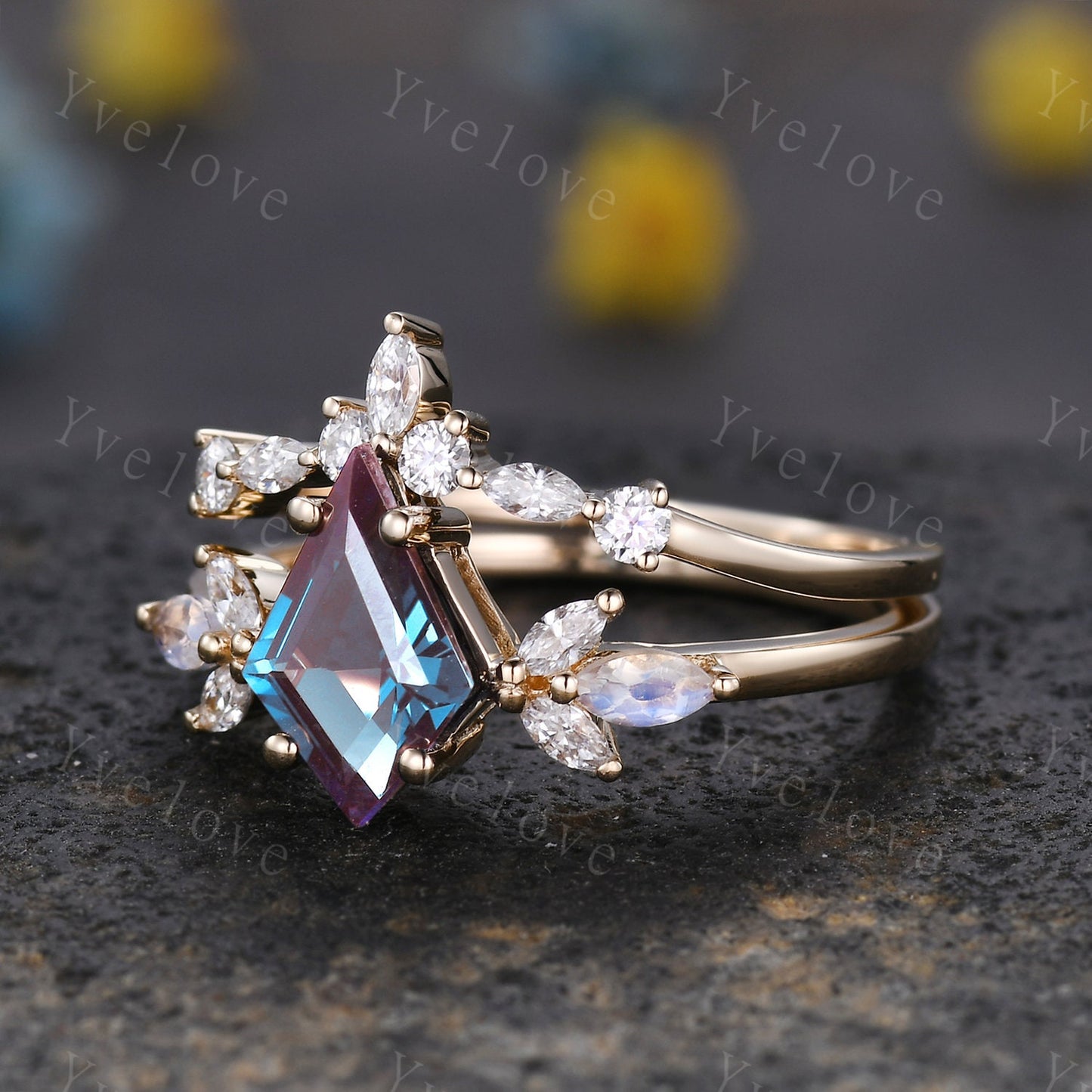 Vintage Kite Alexandrite Engagement Ring,Unique Bridal Ring Set,Marquise Moonstone Ring,Moissanite Ring Set For Women,Sterling Silver Ring