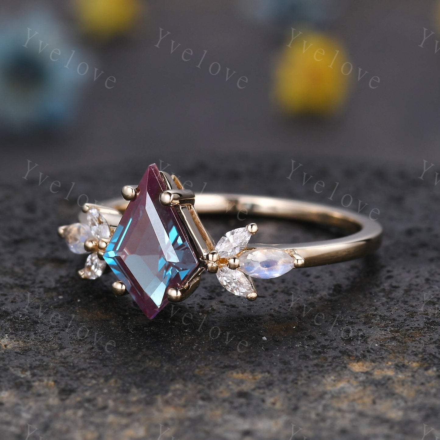 Art Deco Kite Alexandrite Engagement Ring,Unique Bridal Ring,Marquise Moonstone Ring,Moissanite Ring For Women,Rose Gold Band Silver Ring