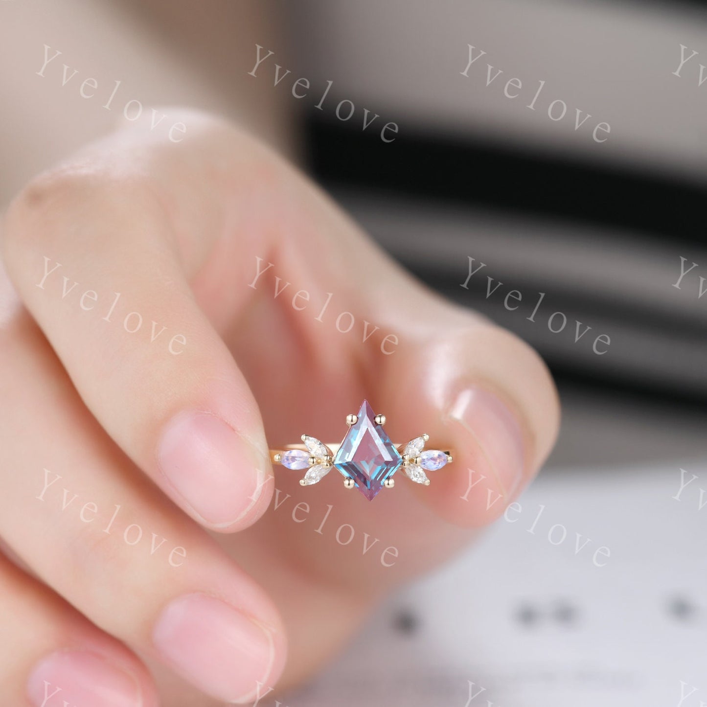 Art Deco Kite Alexandrite Engagement Ring,Unique Bridal Ring,Marquise Moonstone Ring,Moissanite Ring For Women,Rose Gold Band Silver Ring