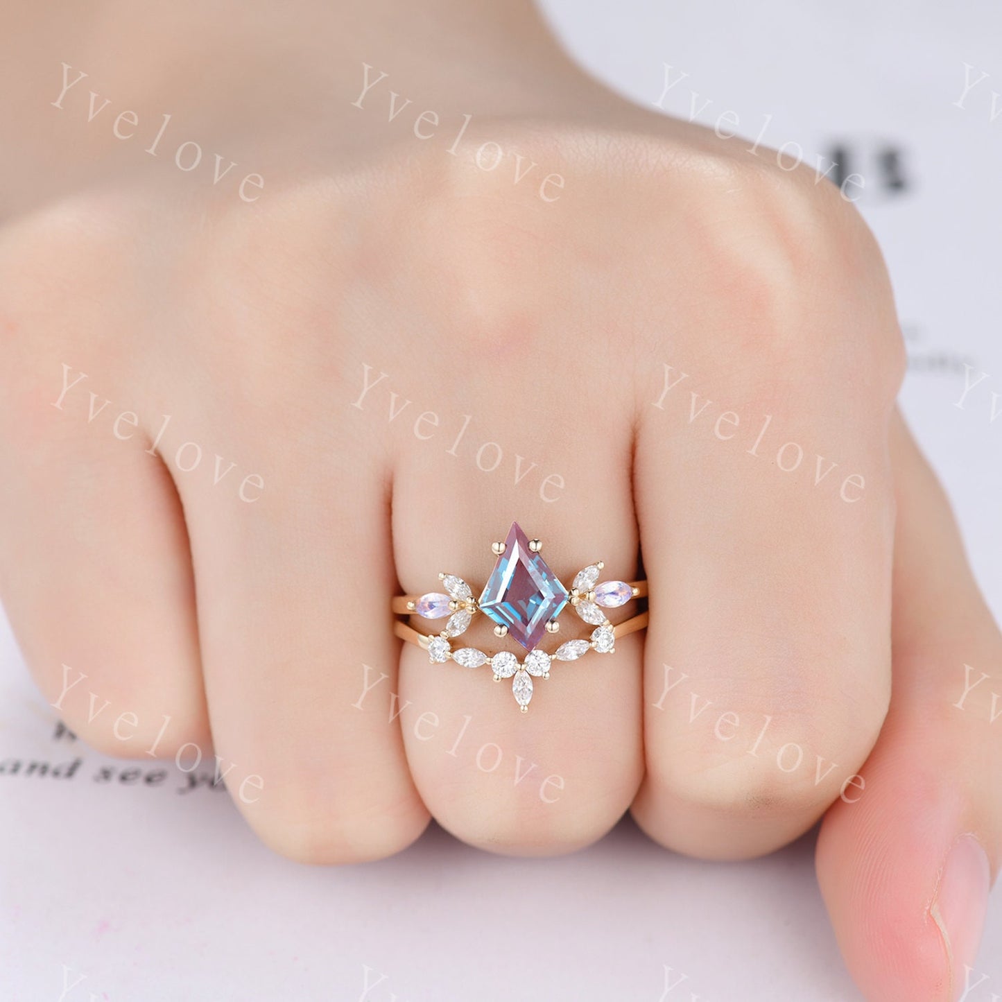 Art Deco Kite Alexandrite Engagement Ring,Unique Bridal Ring,Marquise Moonstone Ring,Moissanite Ring For Women,Rose Gold Band Silver Ring