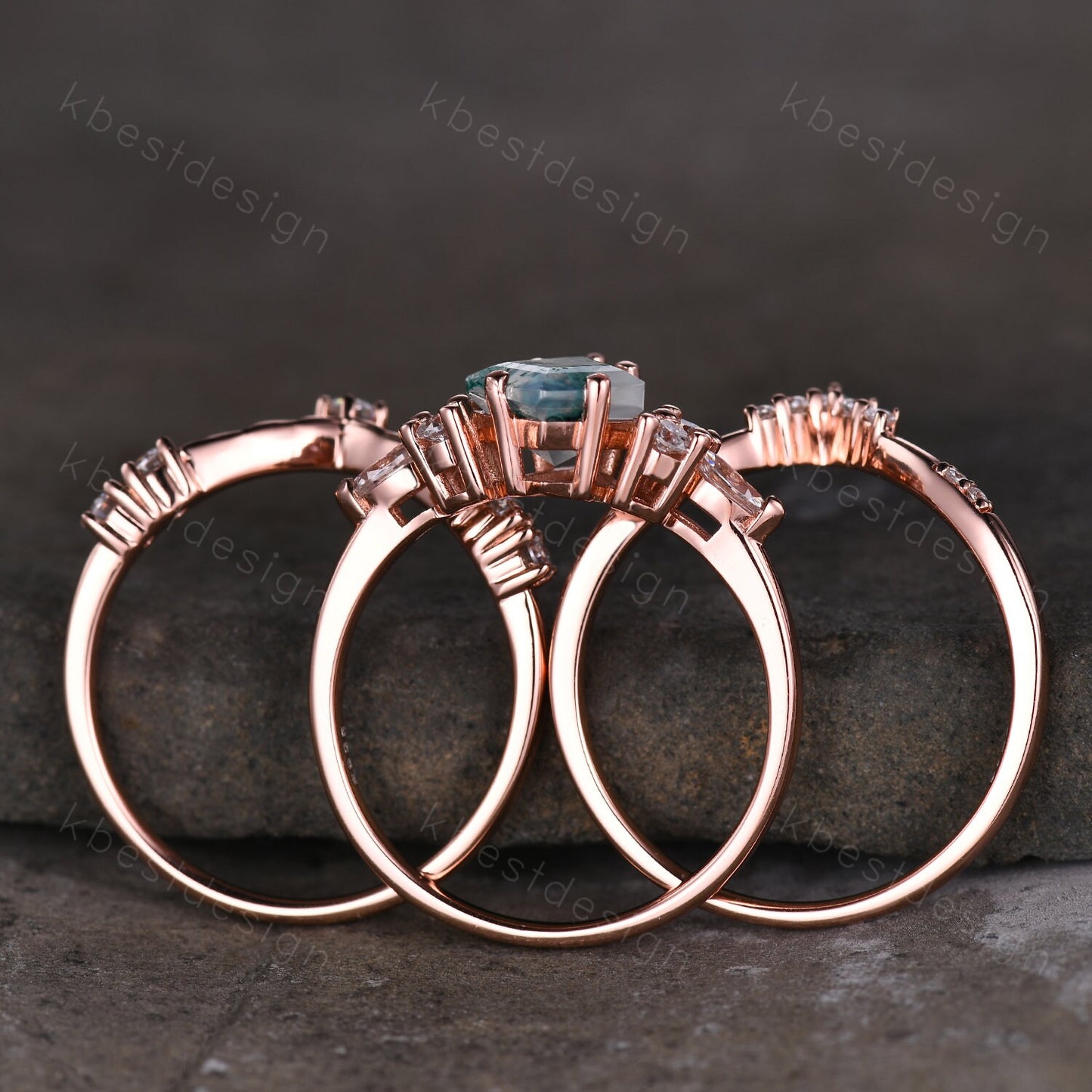 Vintage salt and pepper diamond engagement ring rose gold rings art deco curved moissanite stacking band hexagon shaped bridal wedding set