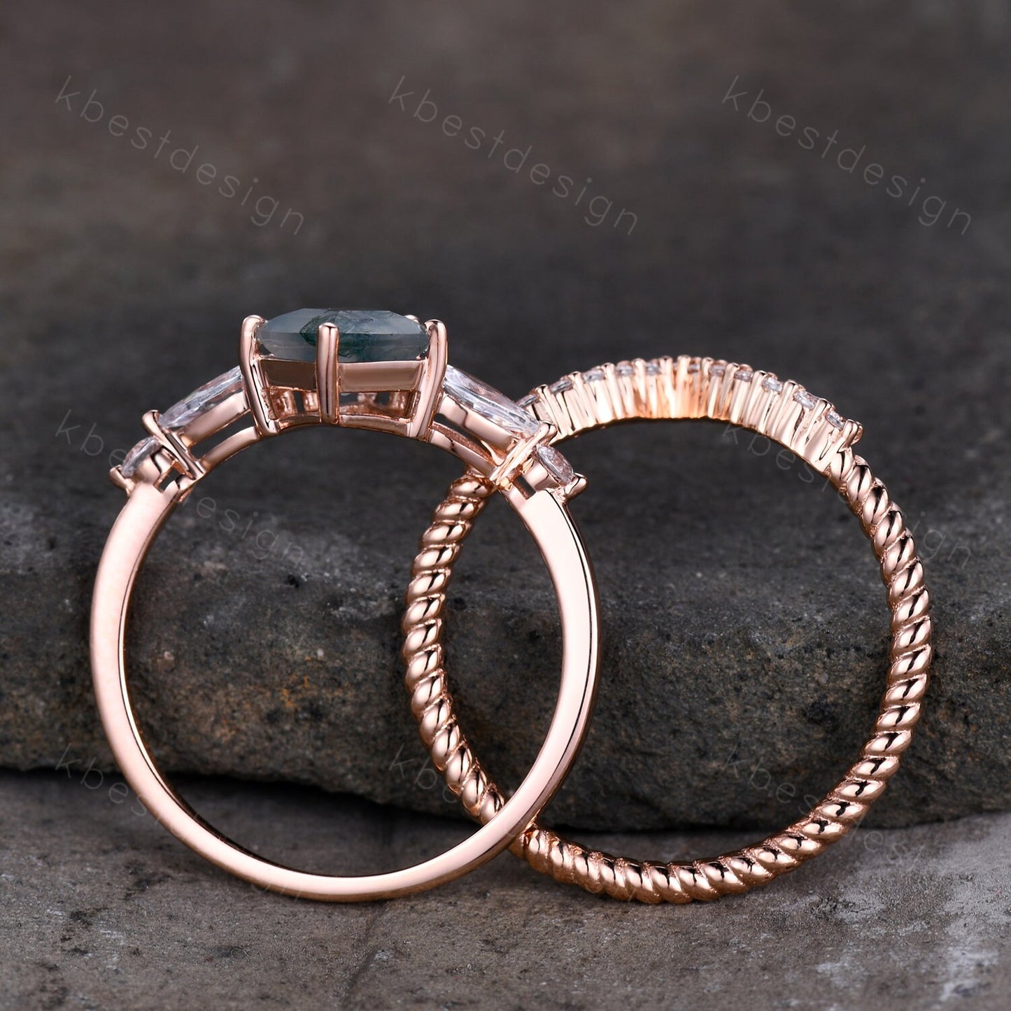 Kite cut salt and pepper diamond engagement ring set unique art deco moissanite wedding ring rose gold ring vintage bridal wedding ring set