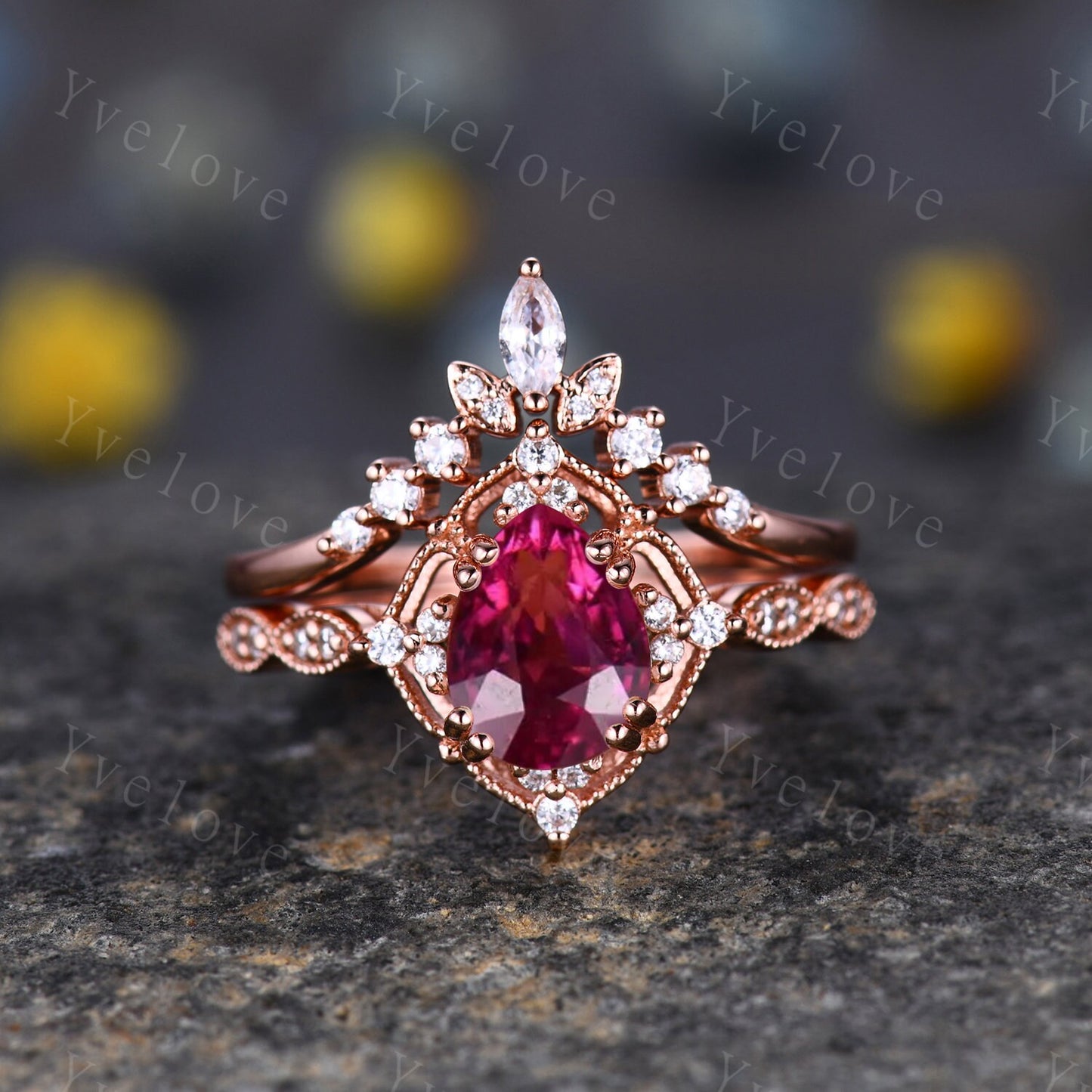 Vintage Red Tourmaline Engagement Ring Set,Pear Tourmaline Bridal Set,V Curved Diamond Stacking Band,Solid Gold Women Ring Gift For Her
