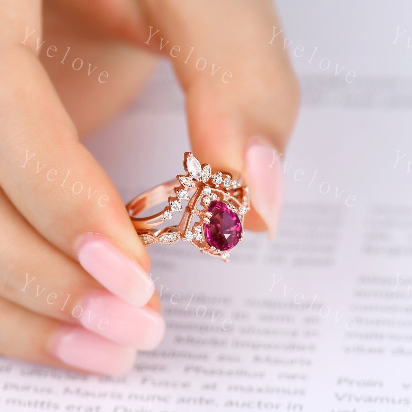 Vintage Red Tourmaline Engagement Ring Set,Pear Tourmaline Bridal Set,V Curved Diamond Stacking Band,Solid Gold Women Ring Gift For Her
