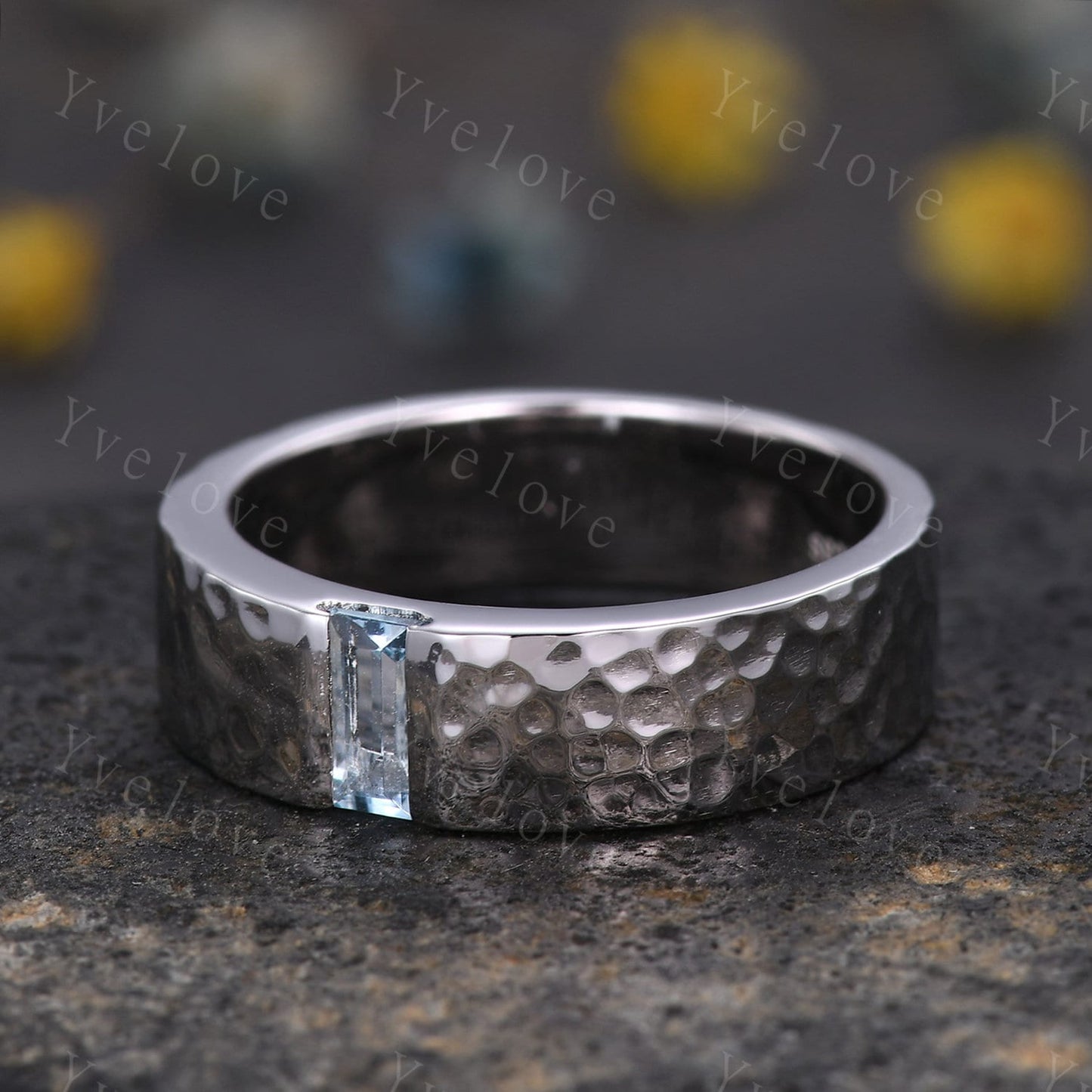 6mm Mens Blue Aquamarine Wedding Band Baguette Shaped Band Solid Gold Ring Mens Hammered Stacking Matching Band Retro Vintage Ring Gift