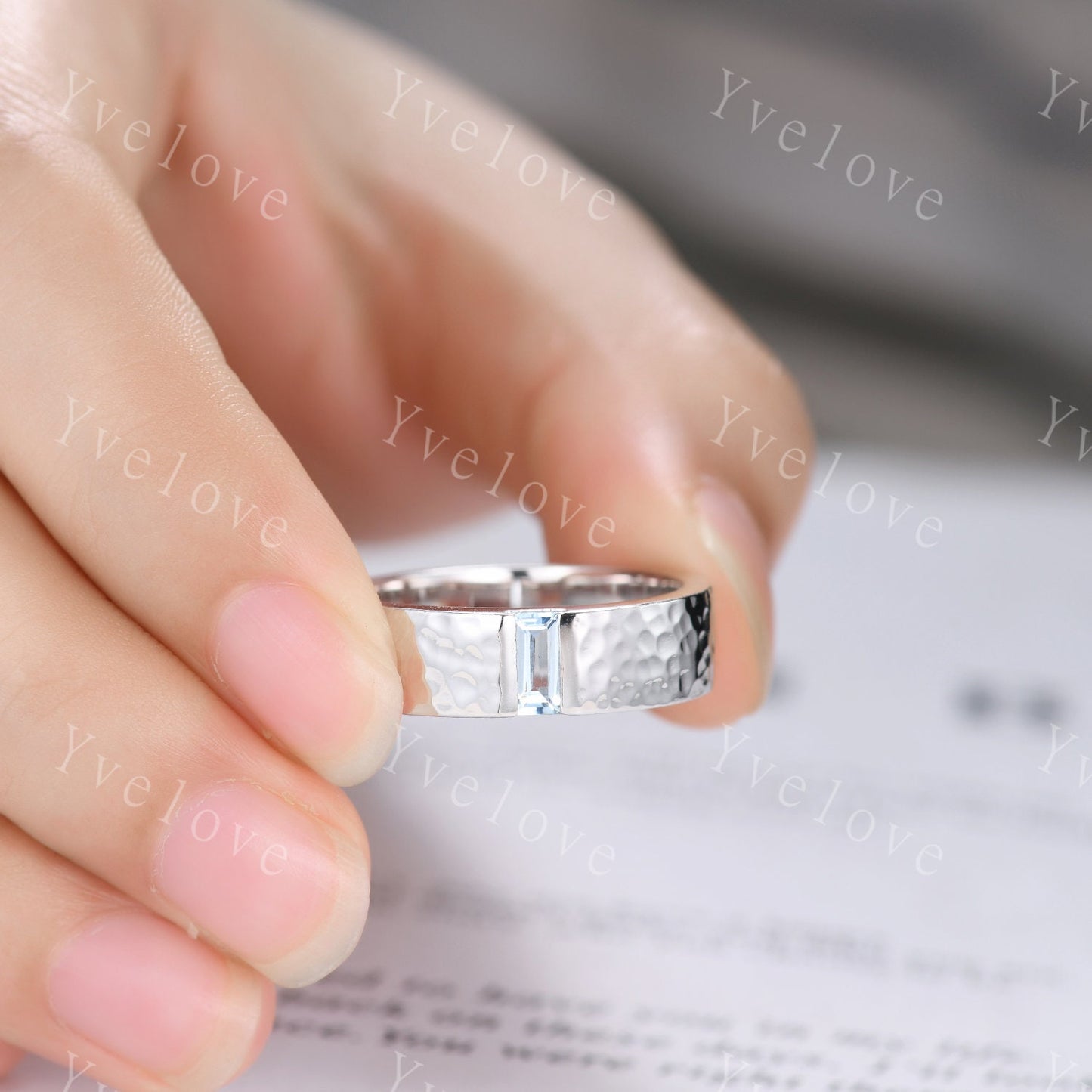 6mm Mens Blue Aquamarine Wedding Band Baguette Shaped Band White Gold Ring Mens Hammered Stacking Matching Band Retro Vintage Ring Gift