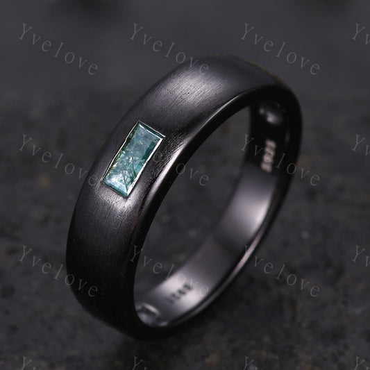 Mens Moss Agate Wedding Band Baguette Cut Natural Agate Band 5mm Black Gold Ring Mens Matte Stacking Matching Band Retro Vintage Ring Gift