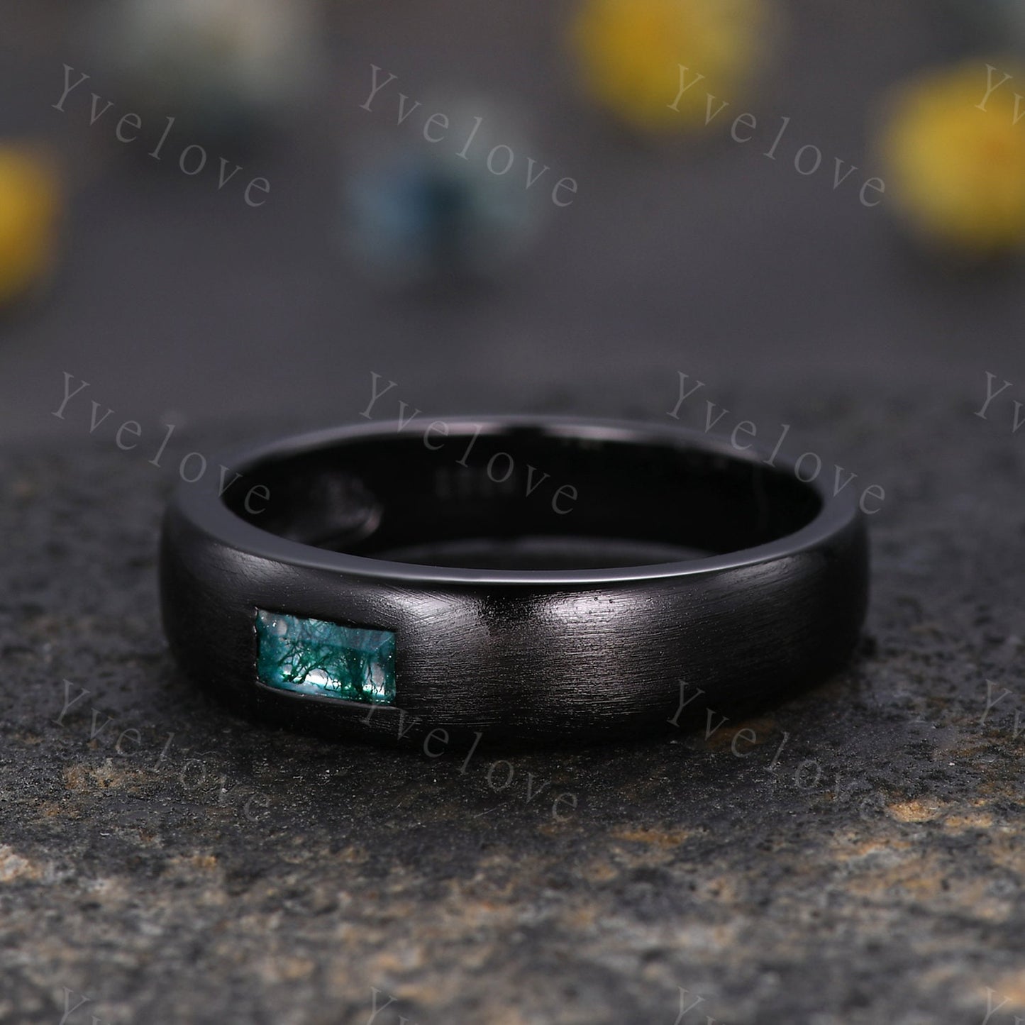 Mens Moss Agate Wedding Band Baguette Cut Natural Agate Band 5mm Black Gold Ring Mens Matte Stacking Matching Band Retro Vintage Ring Gift