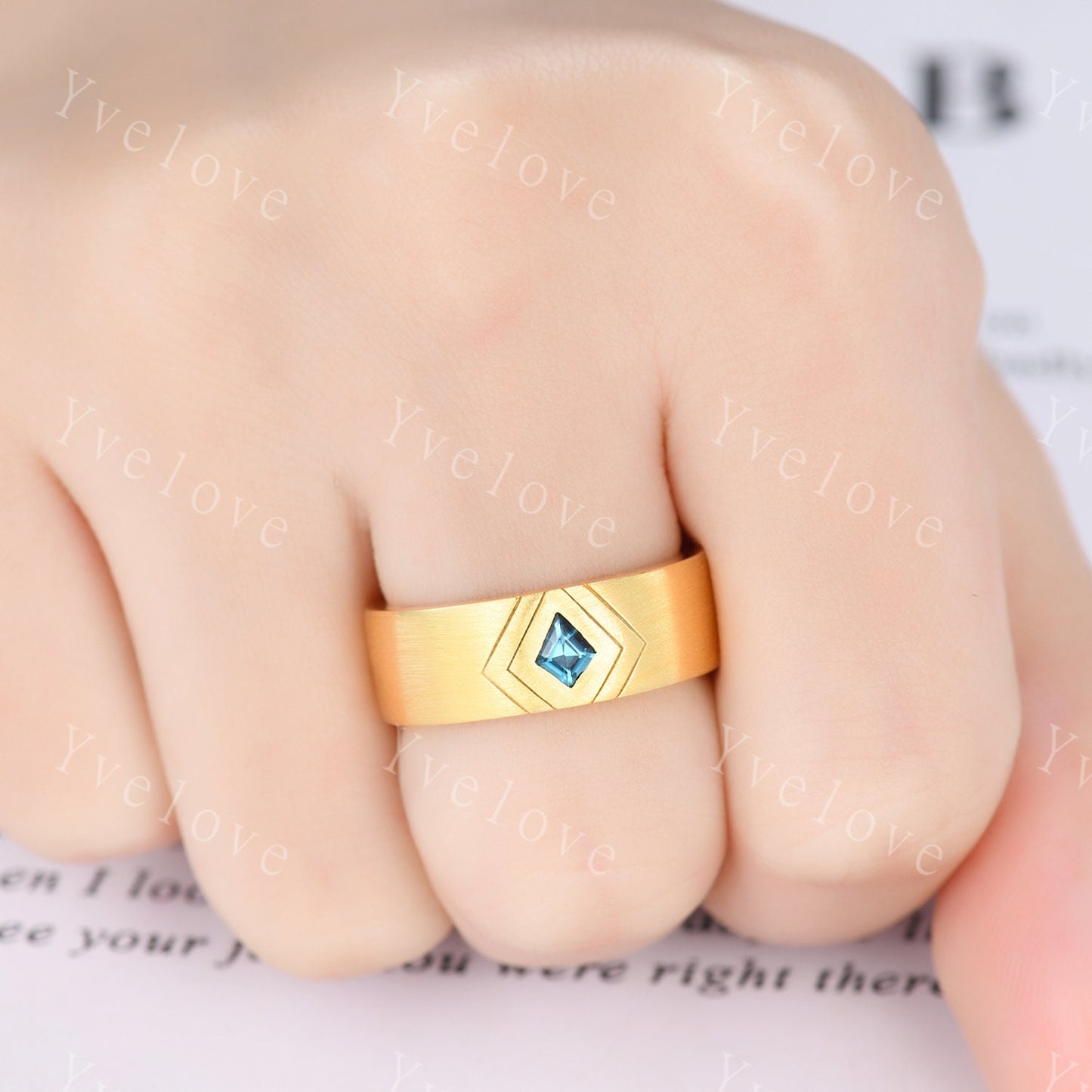 7mm Solid Gold Mens Kite Cut London Blue Topaz Wedding Band Topaz Engagement Ring Matte Finished Band Mens Stacking Band His Wedding band