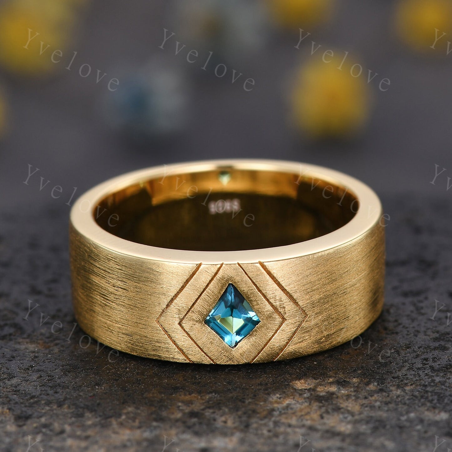 7mm Solid Gold Mens Kite Cut London Blue Topaz Wedding Band Topaz Engagement Ring Matte Finished Band Mens Stacking Band His Wedding band
