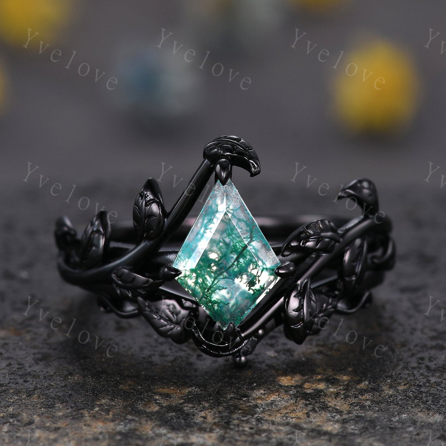 Art Deco Kite Moss Agate Ring,Vintage Twig Vine Leaf Ring,Unique Moss Agate Engagement Ring,Alexandrite Ring,Promise Anniversary Bridal Ring