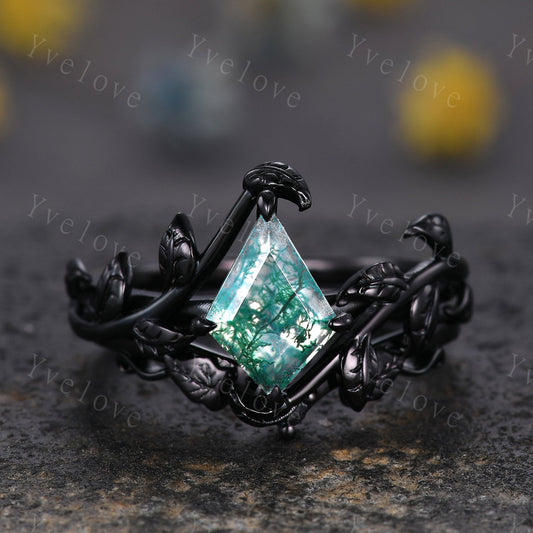 Art Deco Kite Moss Agate Ring,Vintage Twig Vine Leaf Ring,Unique Moss Agate Engagement Ring,Alexandrite Ring,Promise Anniversary Bridal Ring