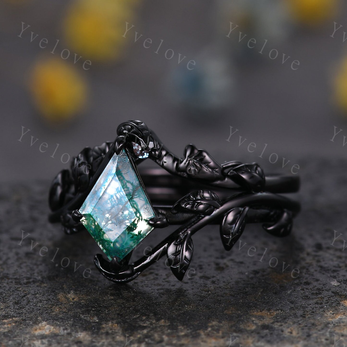 Art Deco Kite Moss Agate Ring,Vintage Twig Vine Leaf Ring,Unique Moss Agate Engagement Ring,Alexandrite Ring,Promise Anniversary Bridal Ring