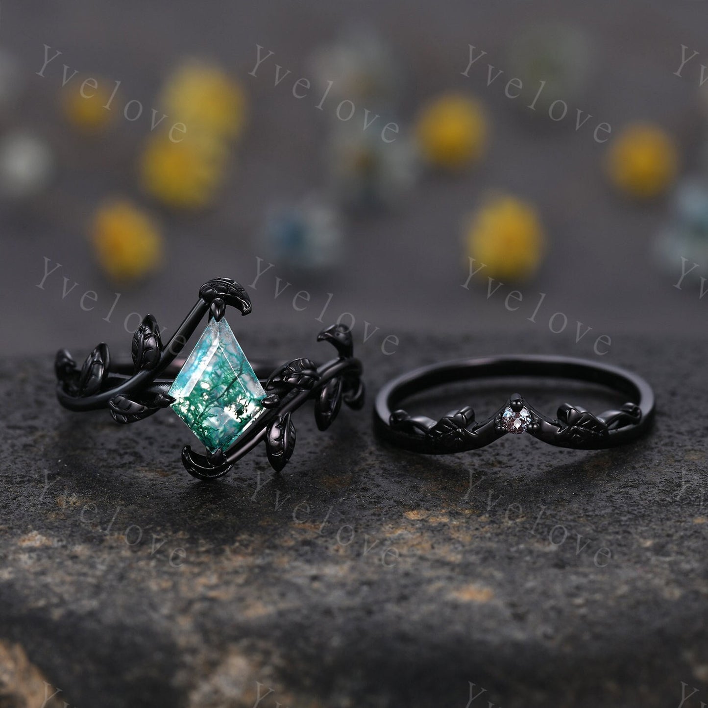 Art Deco Kite Moss Agate Ring,Vintage Twig Vine Leaf Ring,Unique Moss Agate Engagement Ring,Alexandrite Ring,Promise Anniversary Bridal Ring