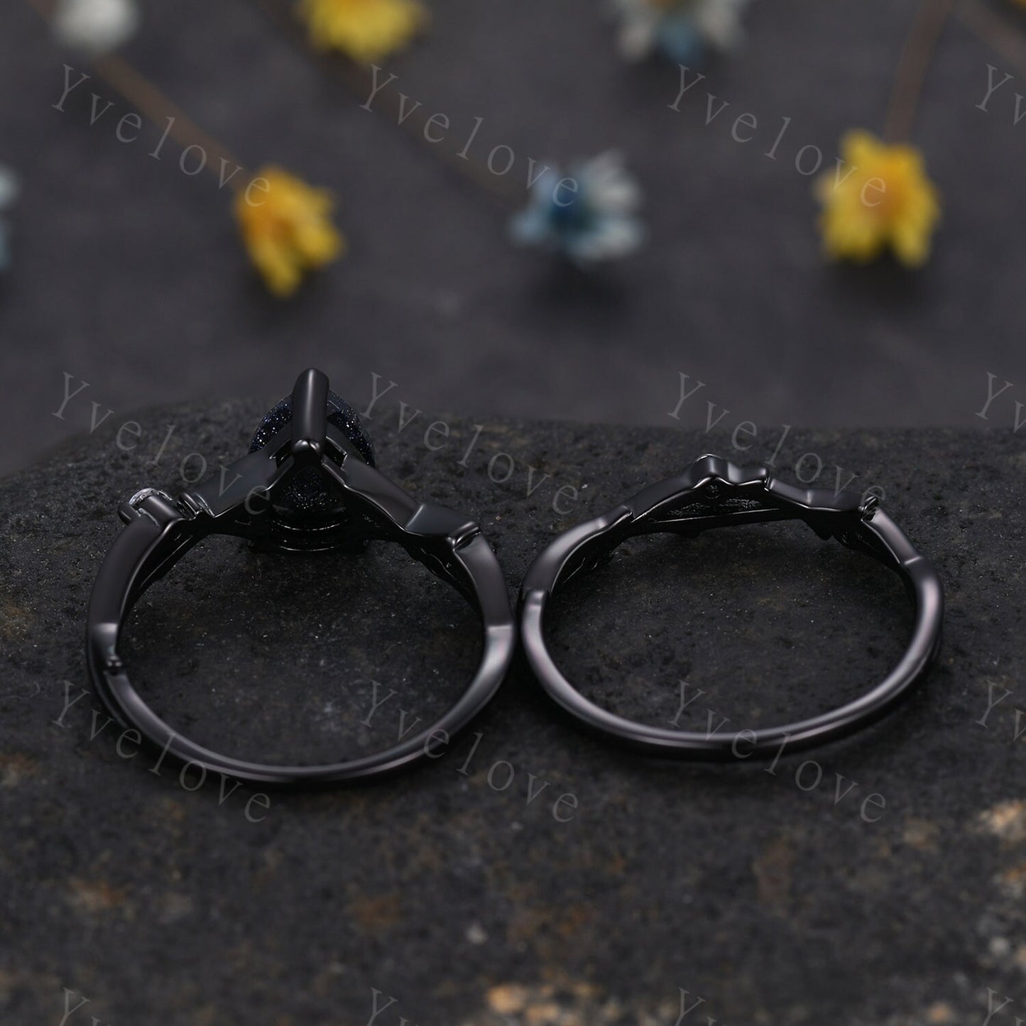 Unique Pear Blue Sandstone Engagement Ring Set,Galaxy Ring,Black Silver Ring,Outer Space Ring,Branch Twig Diamond Promise Ring Bridal Set