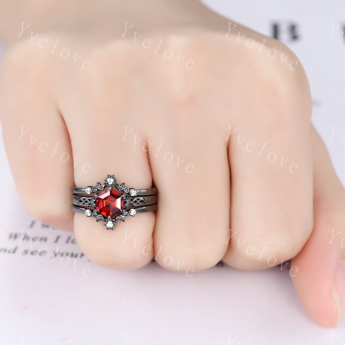 Hexagon Shaped Garnet Engagement Ring Set 925 Black Silver Vintage Red Garnet Wedding Ring Enhancer Band Art Deco Bridal  Ring Set For Women