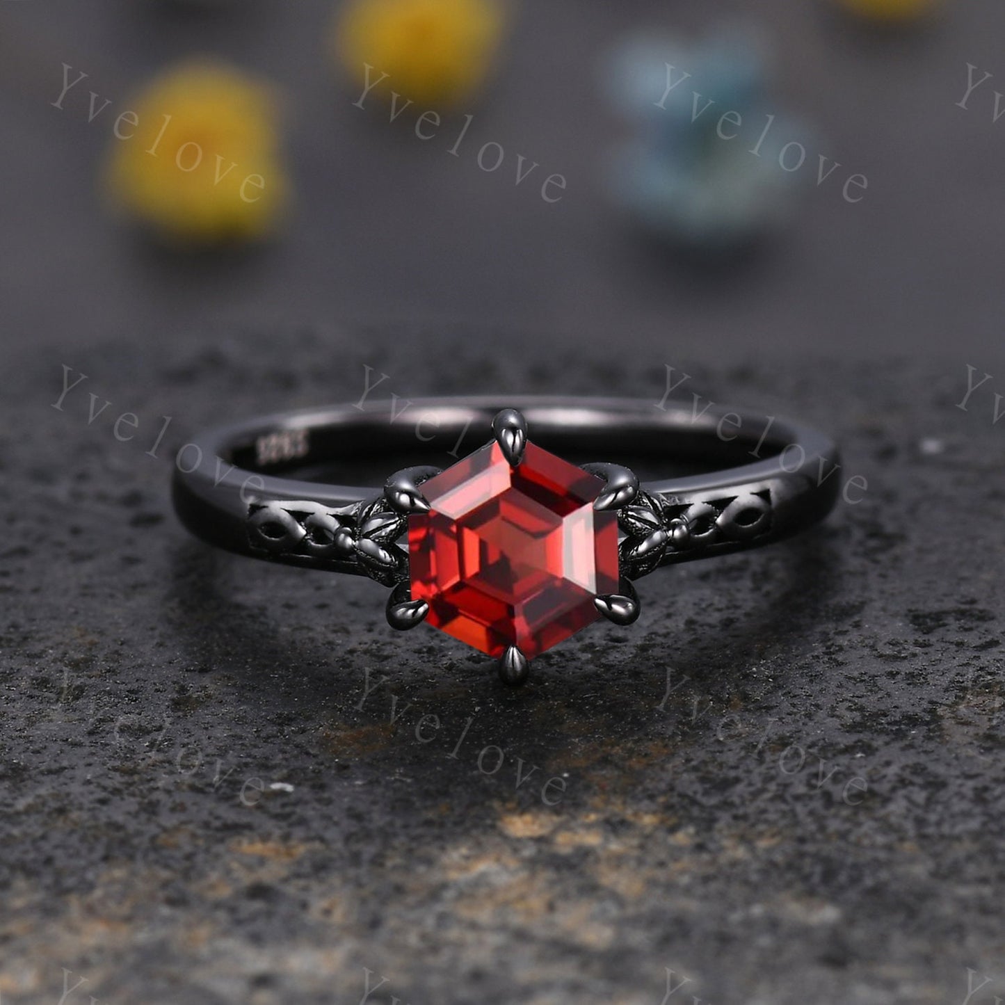 Hexagon Shaped Garnet Engagement Ring Set 925 Black Silver Vintage Red Garnet Wedding Ring Enhancer Band Art Deco Bridal  Ring Set For Women