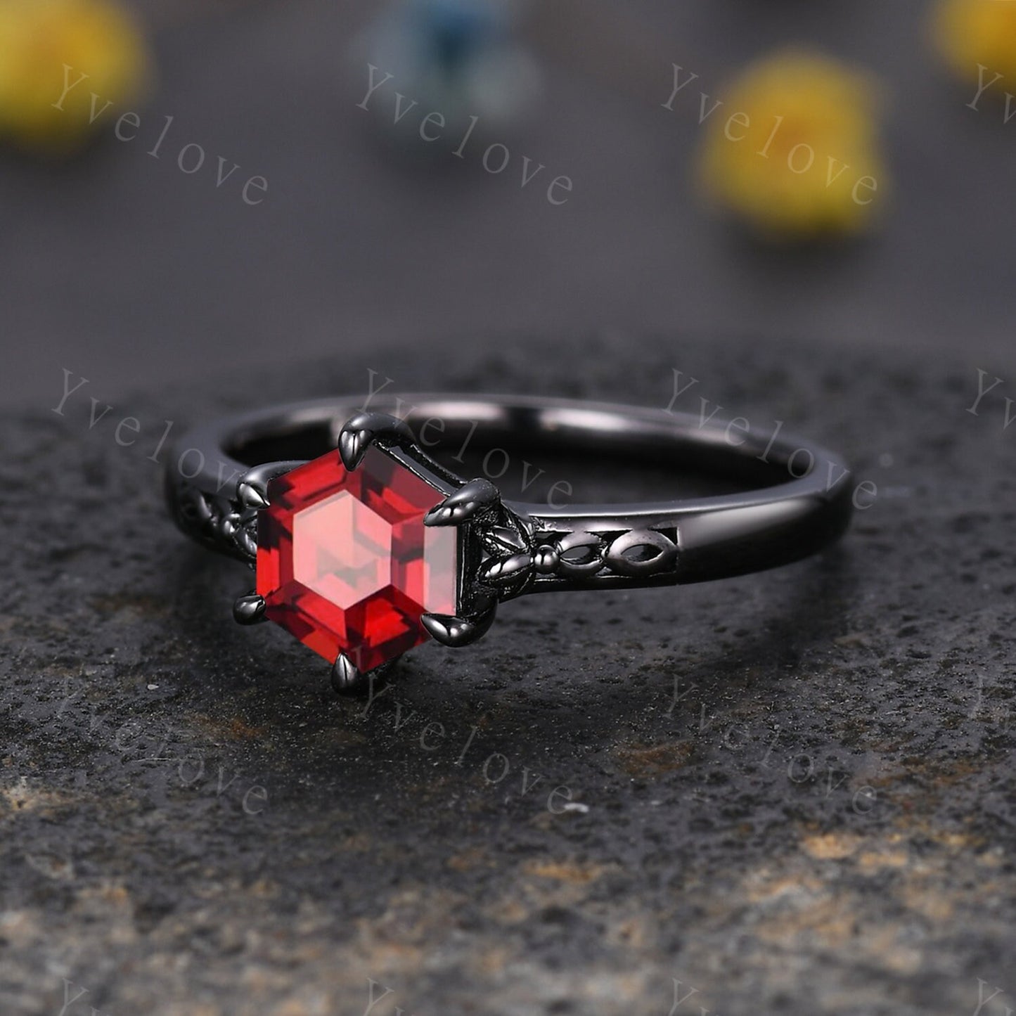 Hexagon Shaped Garnet Engagement Ring Set 925 Black Silver Vintage Red Garnet Wedding Ring Enhancer Band Art Deco Bridal  Ring Set For Women
