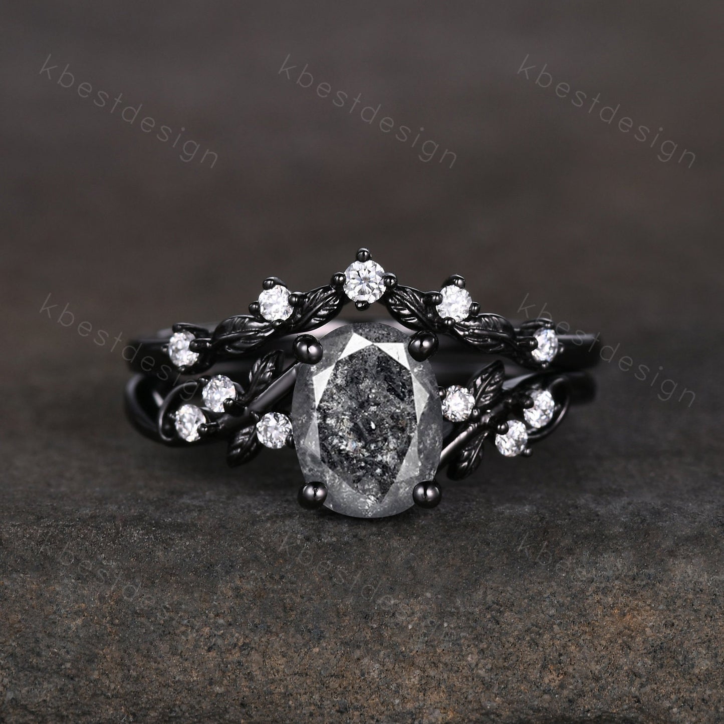 Vintage oval salt and pepper diamond engagement ring set black gold twig leaf moissanite branch ring unique art deco bridal wedding ring set