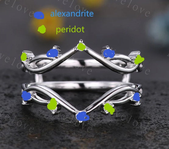 Custom order for Elizabeth, one peridot and one alexandrite at the top and bottom,alternatively, enhancer band, white gold plated