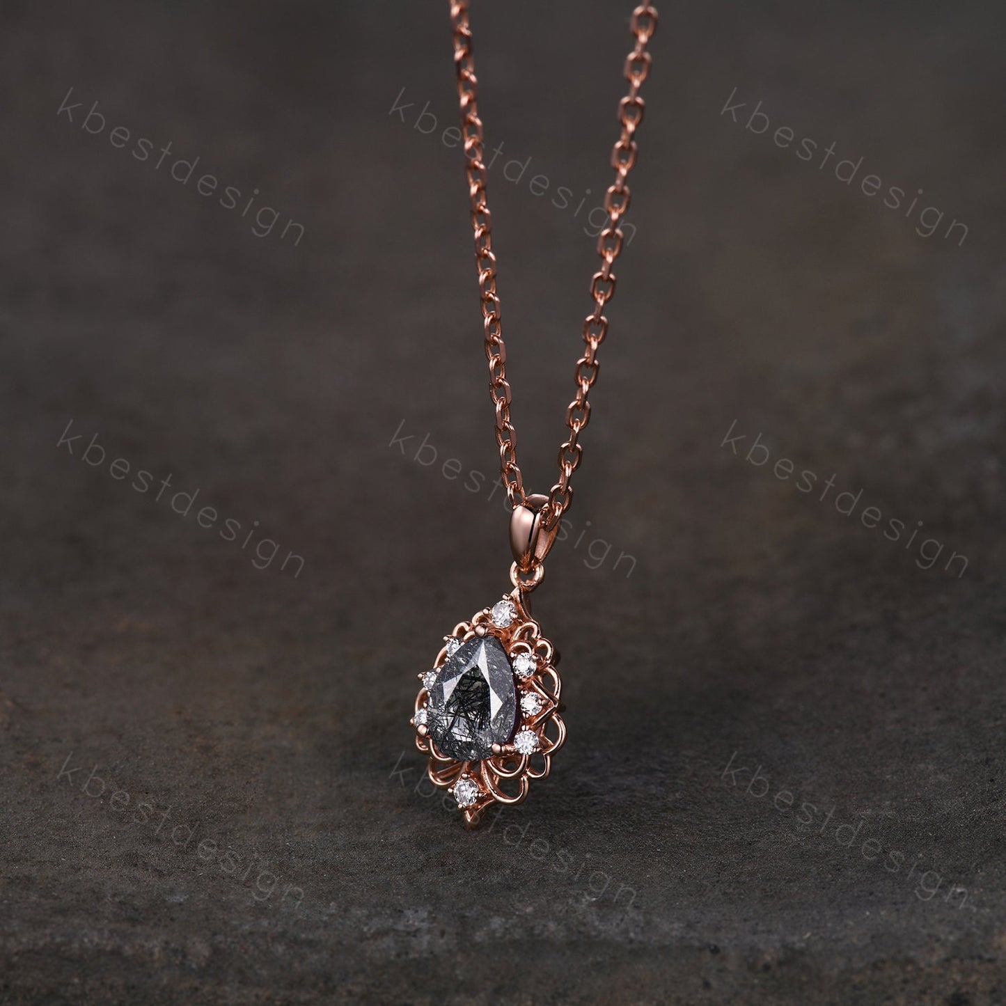 Vintage 1.5CT Black Rutilated Quartz Necklace, Rose Gold Pear cut Pendant, Black Gemstone Jewelry, Unique Art Deco Bridal Promise Gift