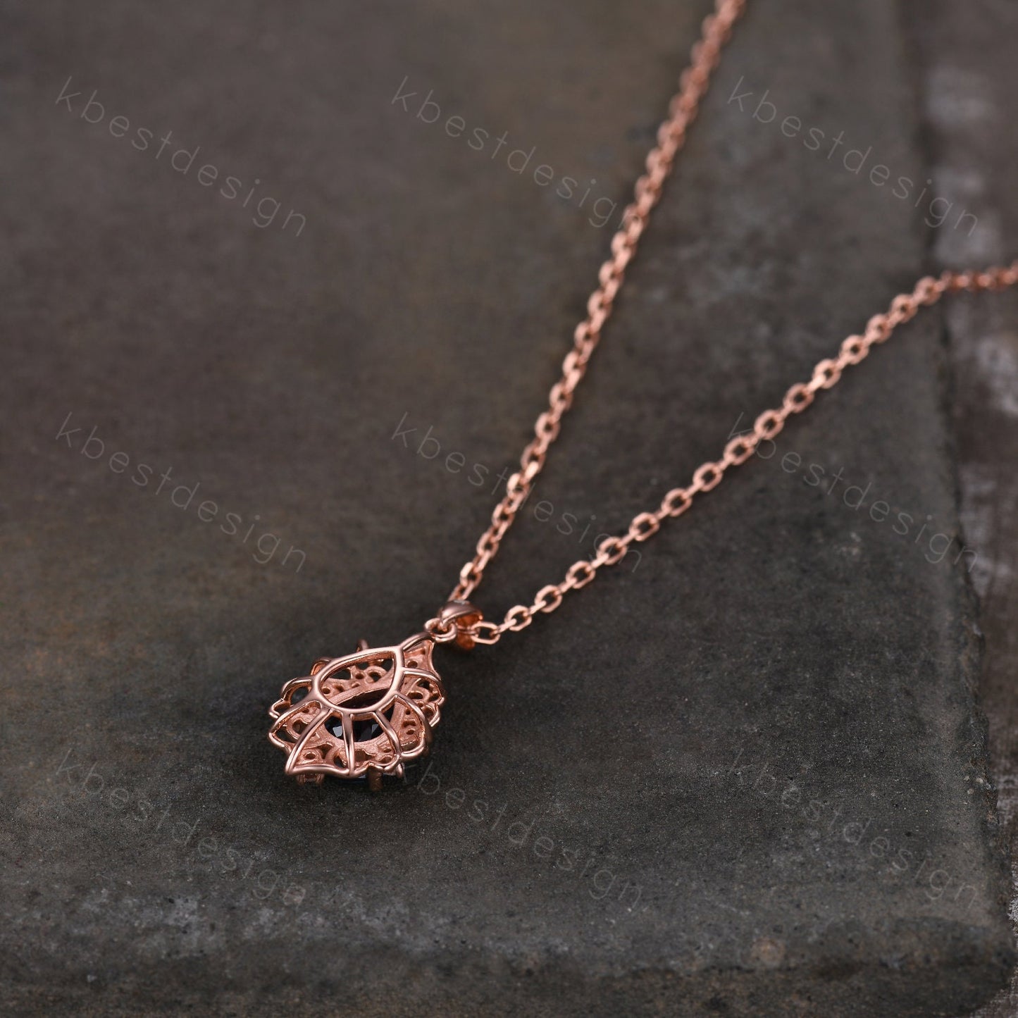 Vintage 1.5CT Black Rutilated Quartz Necklace, Rose Gold Pear cut Pendant, Black Gemstone Jewelry, Unique Art Deco Bridal Promise Gift
