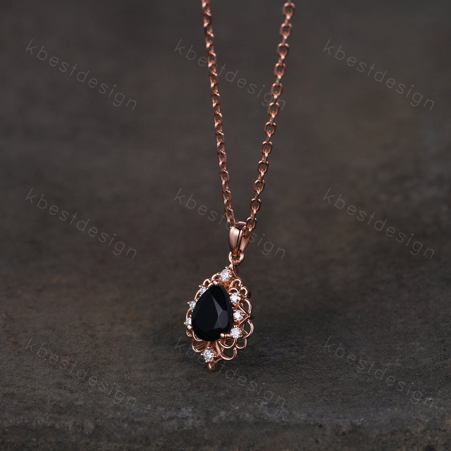 Vintage 1.5CT Black Onyx Necklace, Rose Gold Pear cut Black Onyx Pendant, Black Gemstone Jewelry, Unique Art Deco Bridal Promise Gift