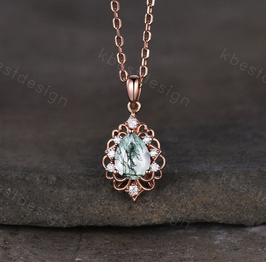 Pear cut natural moss agate necklace vintage women rose gold necklace pear cut green agate pendant unique art deco bridal promise gift