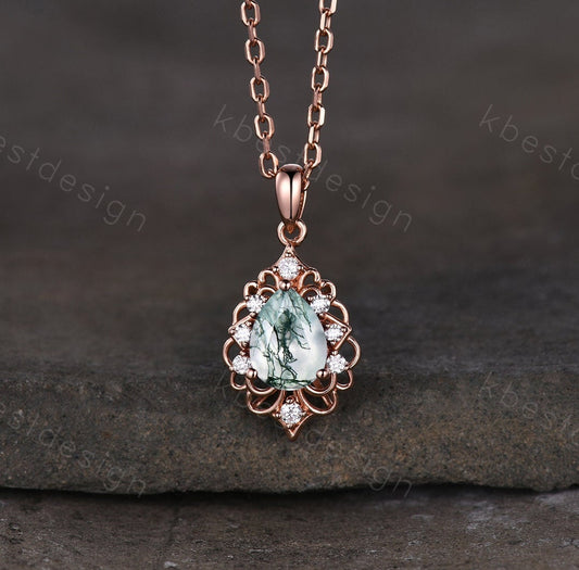 Pear cut natural moss agate necklace vintage women rose gold necklace pear cut green agate pendant unique art deco bridal promise gift
