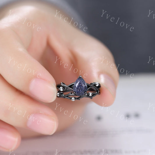 Unique Pear Blue Sandstone Engagement Ring Set,Galaxy Ring,Black Silver Ring,Outer Space Ring,Branch Twig Diamond Promise Ring Bridal Set