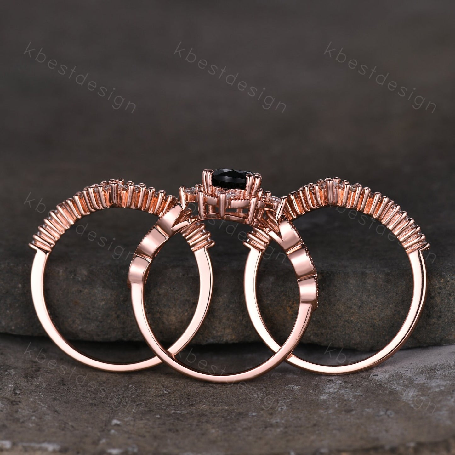 3PCS Vintage black onyx engagement ring rose gold ring art deco curved stacking band pear shaped bridal set unique moissanite wedding set