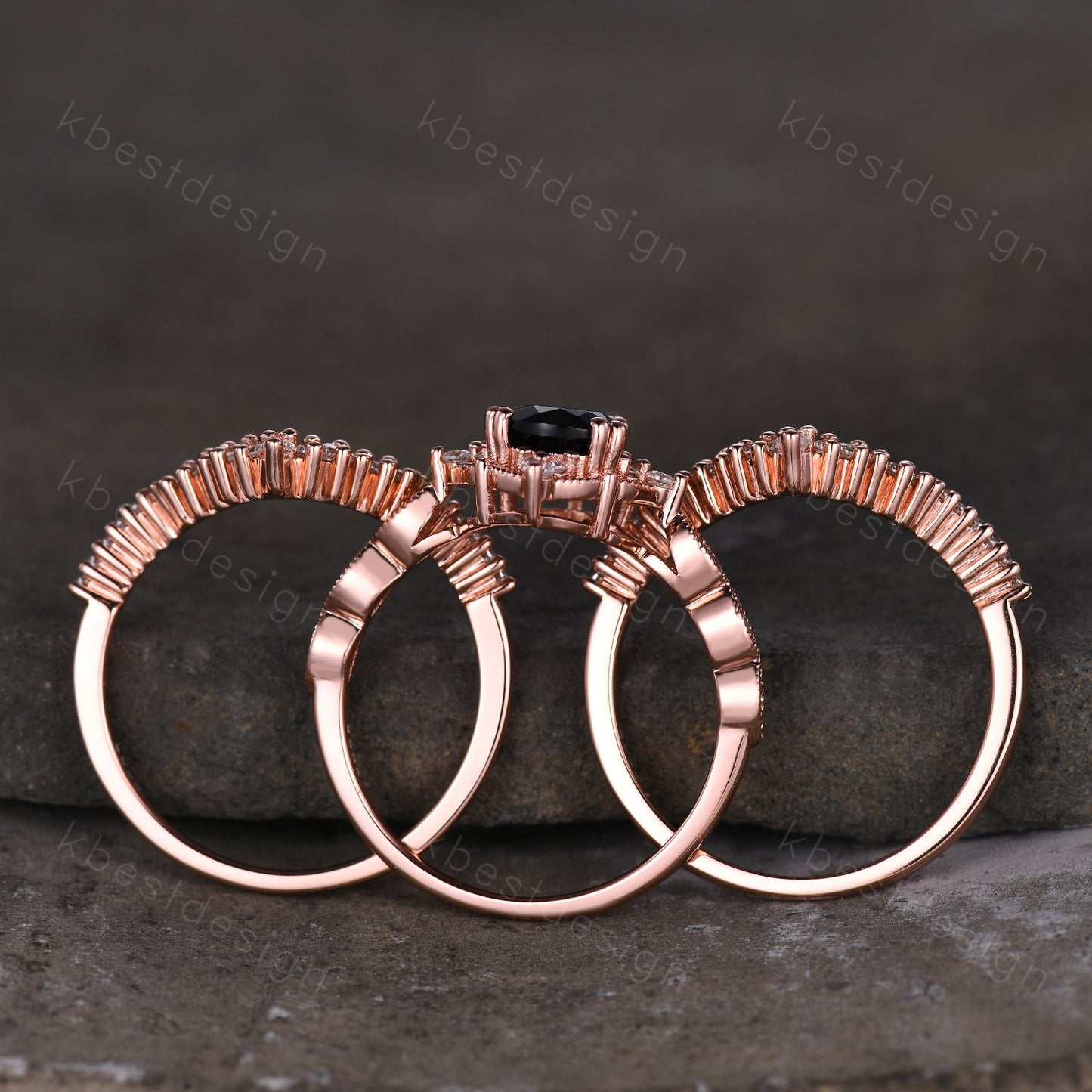 3PCS Vintage black onyx engagement ring rose gold ring art deco curved stacking band pear shaped bridal set unique moissanite wedding set
