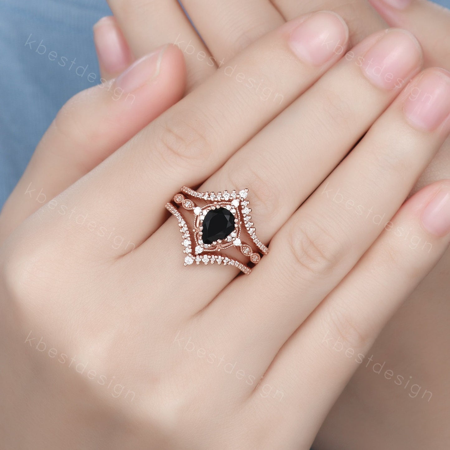 3PCS Vintage black onyx engagement ring rose gold ring art deco curved stacking band pear shaped bridal set unique moissanite wedding set