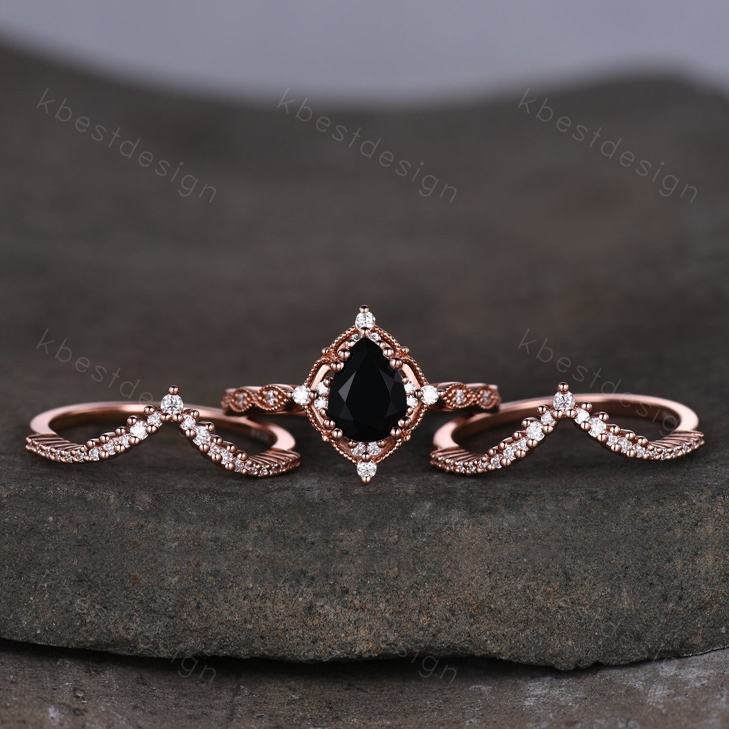 3PCS Vintage black onyx engagement ring rose gold ring art deco curved stacking band pear shaped bridal set unique moissanite wedding set