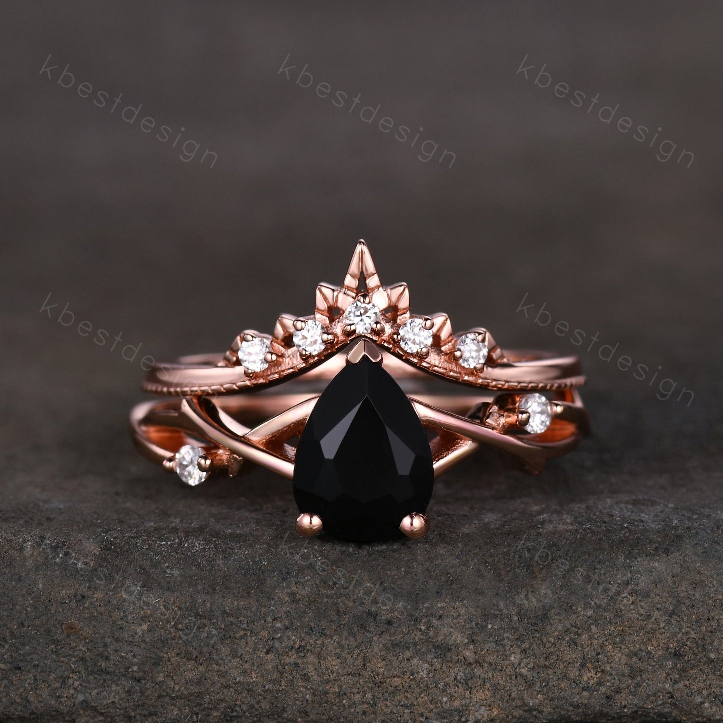 Twig black onyx engagement ring set rose gold ring art deco curved stacking band pear shaped bridal set unique moissanite wedding ring set