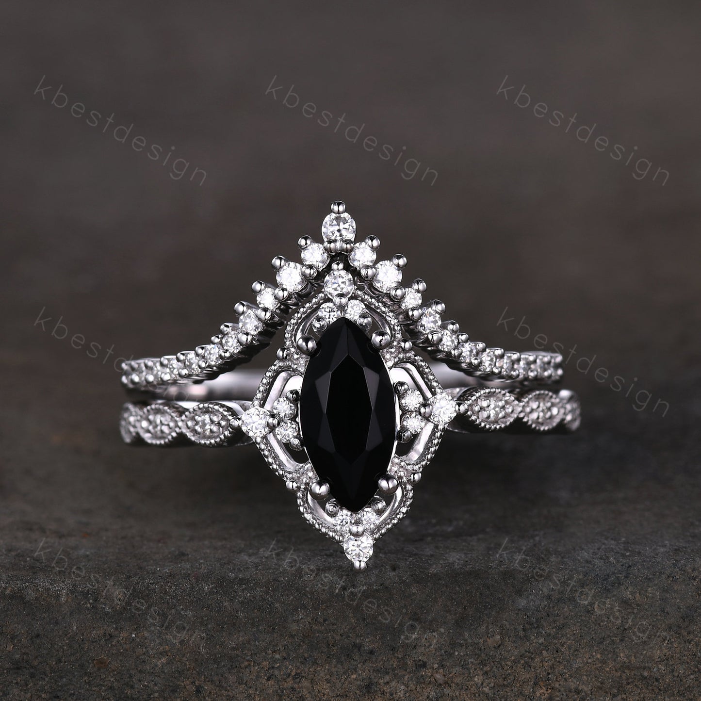 Vintage black onyx engagement ring silver gold ring art deco curved stacking band marquise cut bridal set unique moissanite wedding set