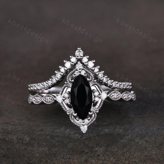 Vintage black onyx engagement ring silver gold ring art deco curved stacking band marquise cut bridal set unique moissanite wedding set