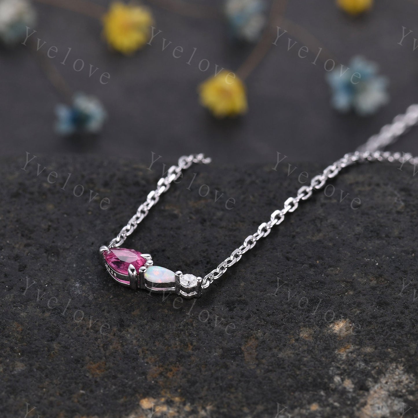 Pink Tourmaline Opal Necklace,Pear Cut Gems,Art Deco Diamond Delicate Dainty Necklace,3 Stone Unique Women Bridal Gift,925 Silver Necklace