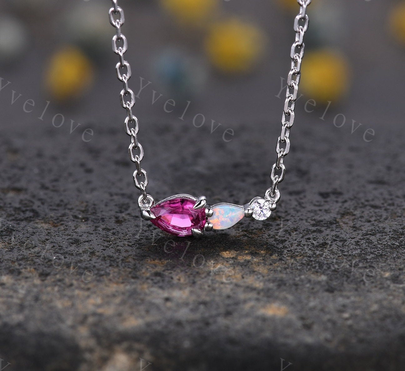 Pink Tourmaline Opal Necklace,Pear Cut Gems,Art Deco Diamond Delicate Dainty Necklace,3 Stone Unique Women Bridal Gift,925 Silver Necklace