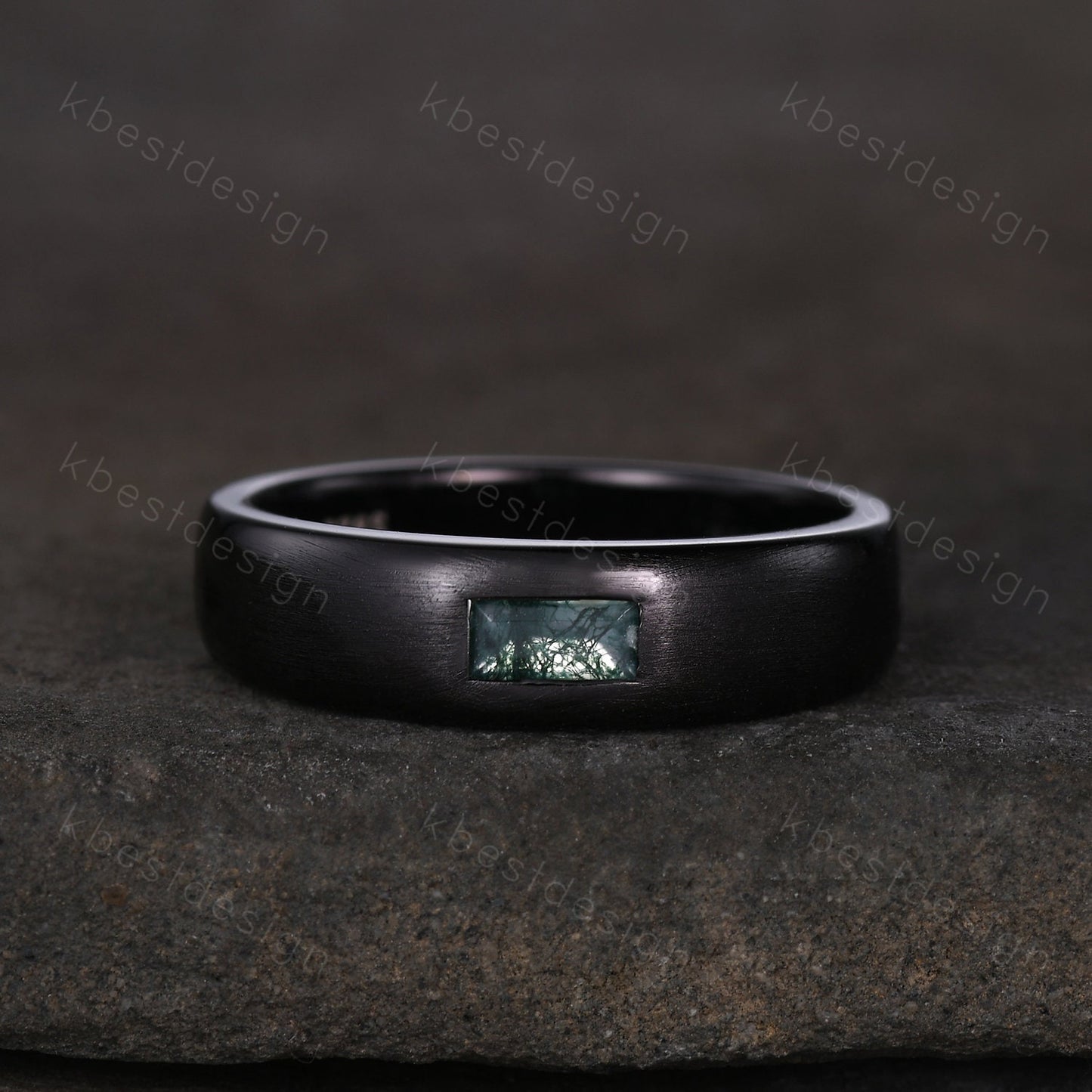 Mens Moss agate Wedding Band Baguette Cut Green Agate Band 5mm Black Gold Men's Stacking Matching Band Brushed Finish Band Gift for Him