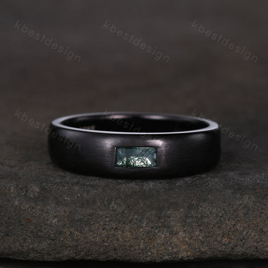 Mens Moss agate Wedding Band Baguette Cut Green Agate Band 5mm Black Gold Men's Stacking Matching Band Brushed Finish Band Gift for Him