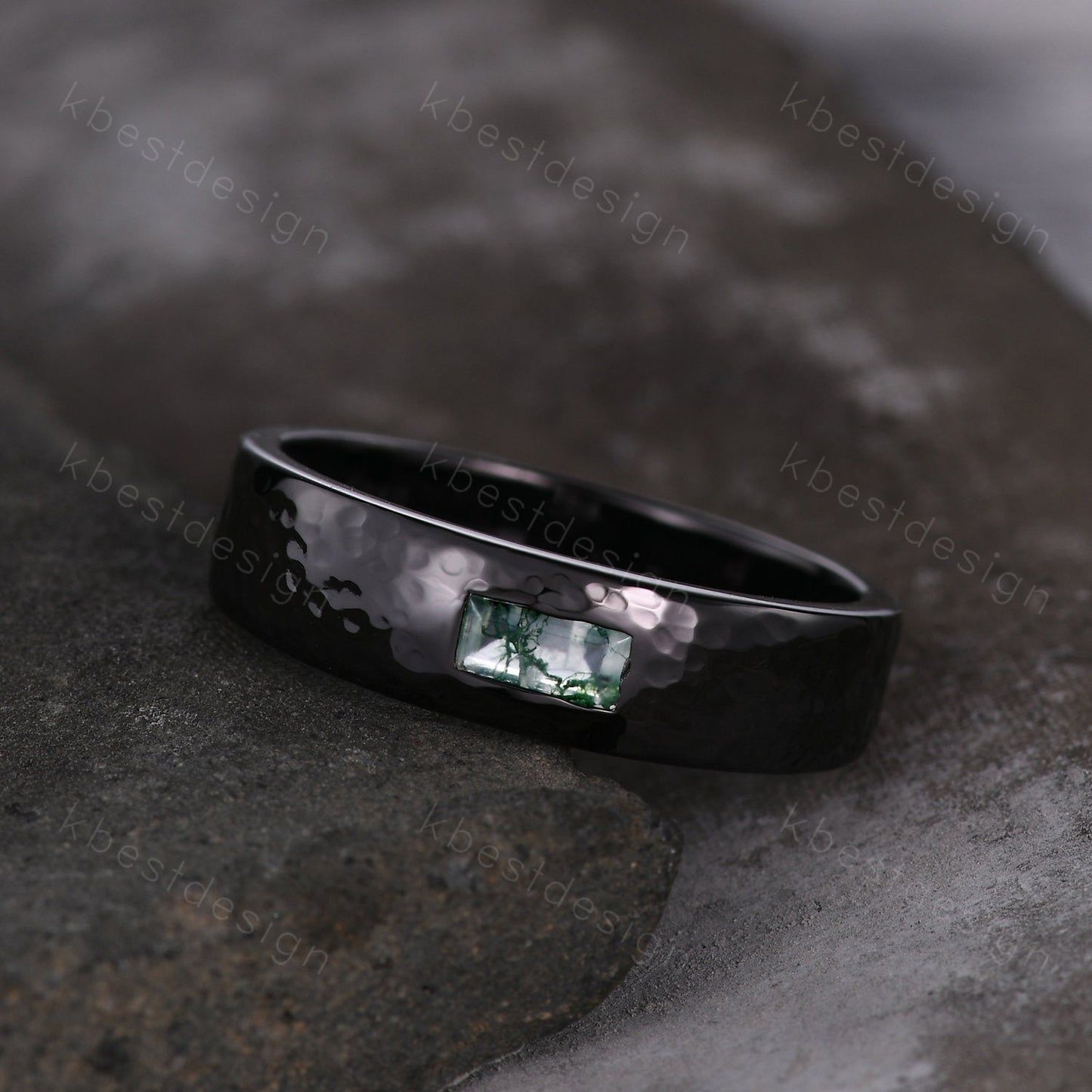 Mens Natural Moss agate Wedding Band 5mm Black Gold Band Baguette Cut Green Agate Band Men's Hammered Wedding Band Anniversary Gift for Him