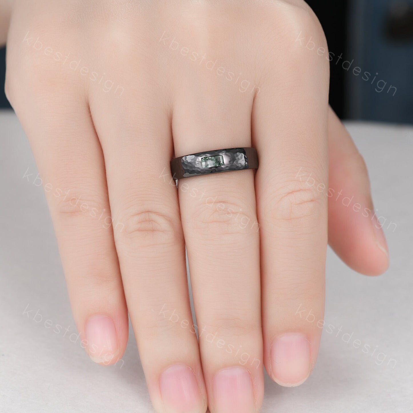 Mens Natural Moss agate Wedding Band 5mm Black Gold Band Baguette Cut Green Agate Band Men's Hammered Wedding Band Anniversary Gift for Him