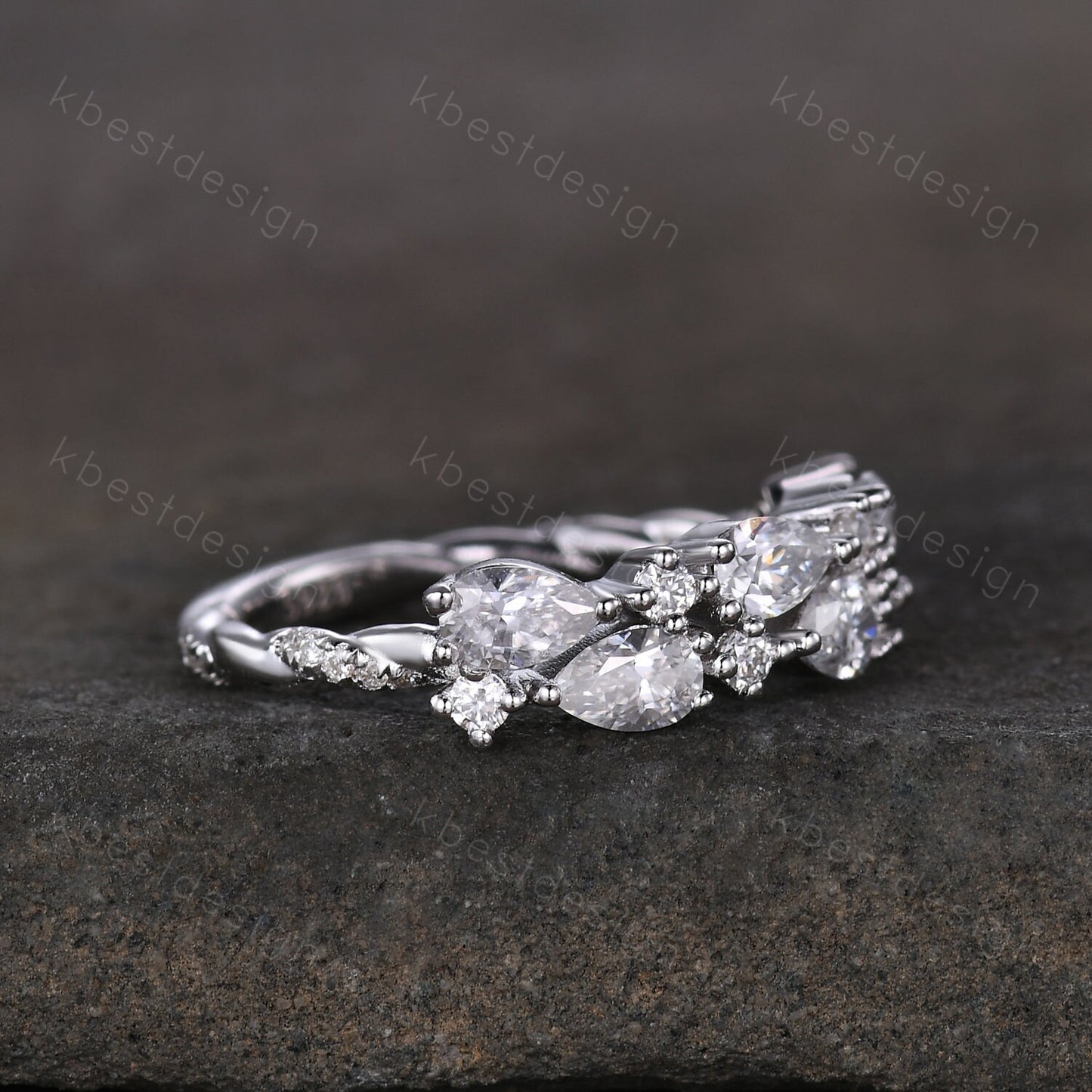 Vintage Moissanite wedding band women Pear cut Half eternity band Sterling silver wedding band Unique Stacking Matching bridal promise ring