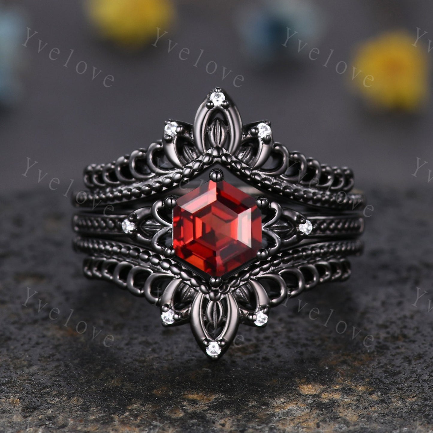 Vintage Black Gold Hexagon Cut Red Garnet Engagement Ring Set Unique Bridal Set,Diamond Ring Dark Promise Wedding Set,Celtic Enhancer Band